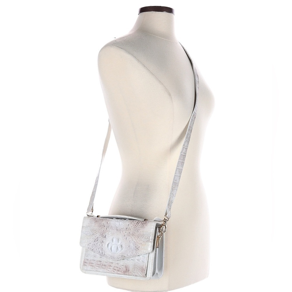 Grand Pelle Crocodile Embossed Leather White Flap Purse with Crossbody Strap - Picture 2 of 13